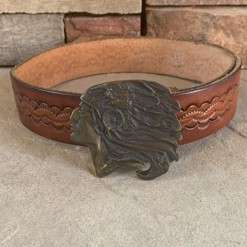 Native American brass look belt buckle and brown leather belt